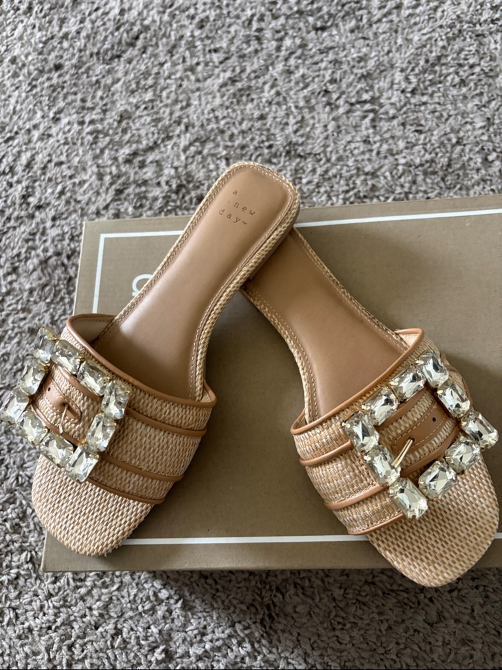 a new day Tan Woven Slide Sandals with Crystal Buckle